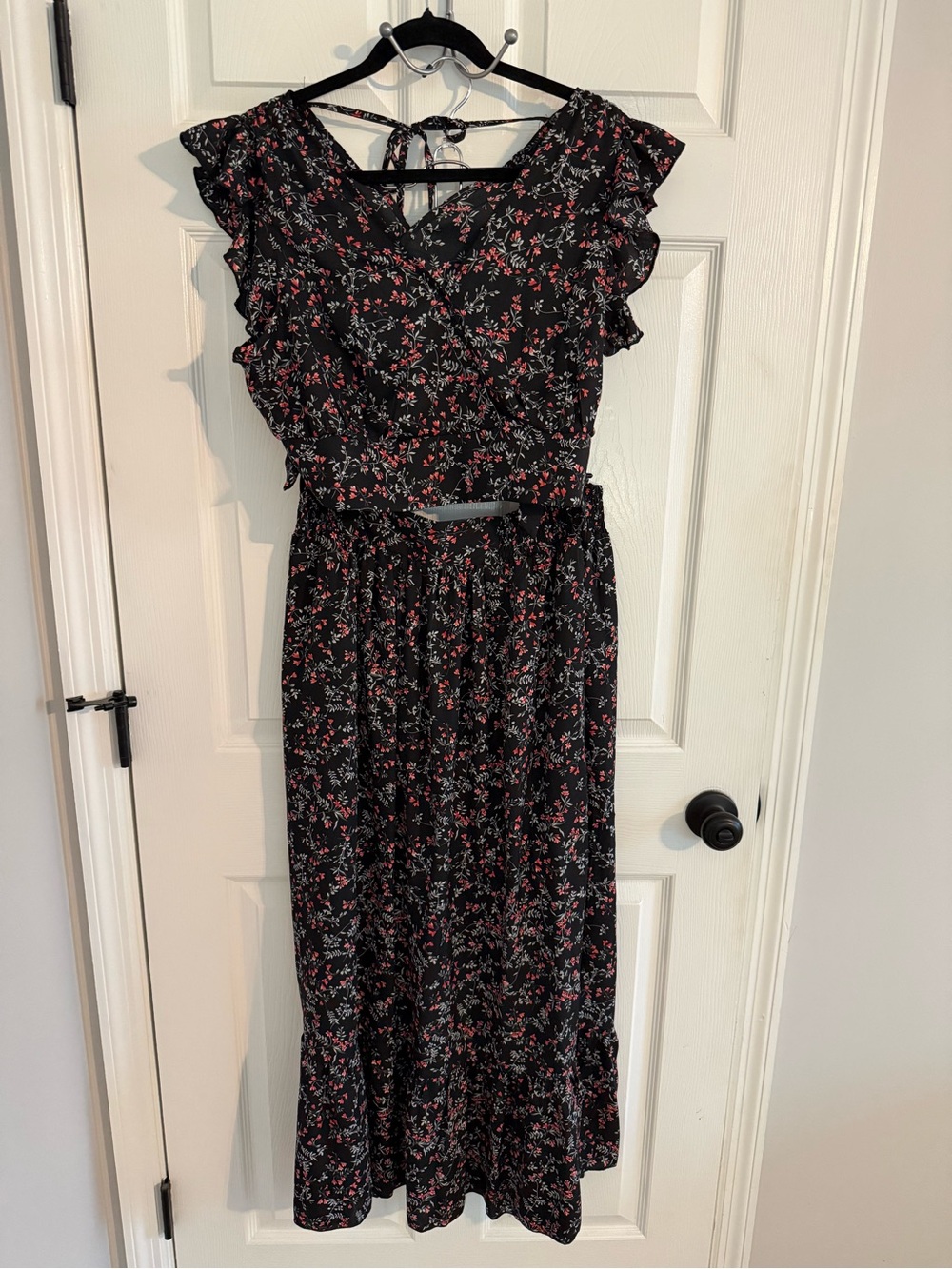 Matching Maxi Skirt and Crop Top set in Black with Red & Pink floral Accents